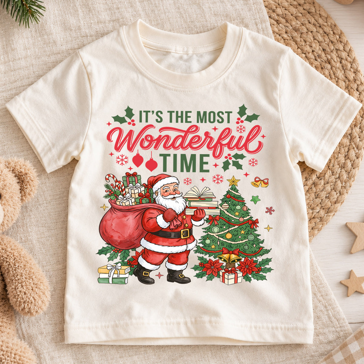 It's the Most Wonderful Time Santa and Tree Shirt, Festive Christmas Kids Tee, Cute Winter Holiday Outfit, Christmas Gift for Toddlers — product view 1