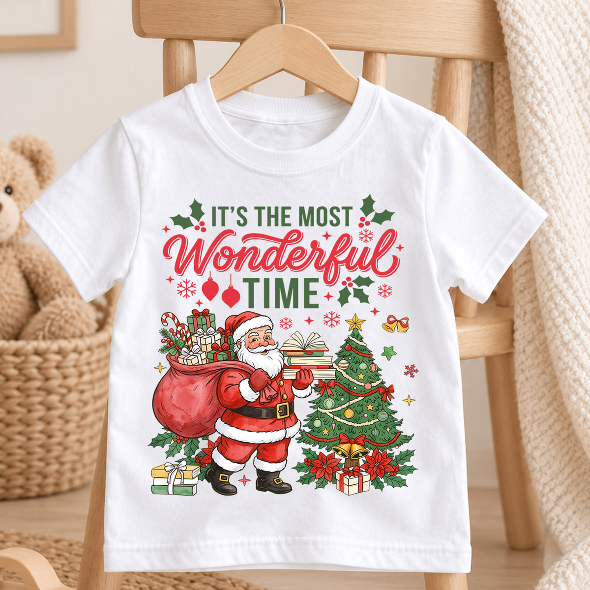 It's the Most Wonderful Time Santa and Tree Shirt, Festive Christmas Kids Tee, Cute Winter Holiday Outfit, Christmas Gift for Toddlers — product view 4