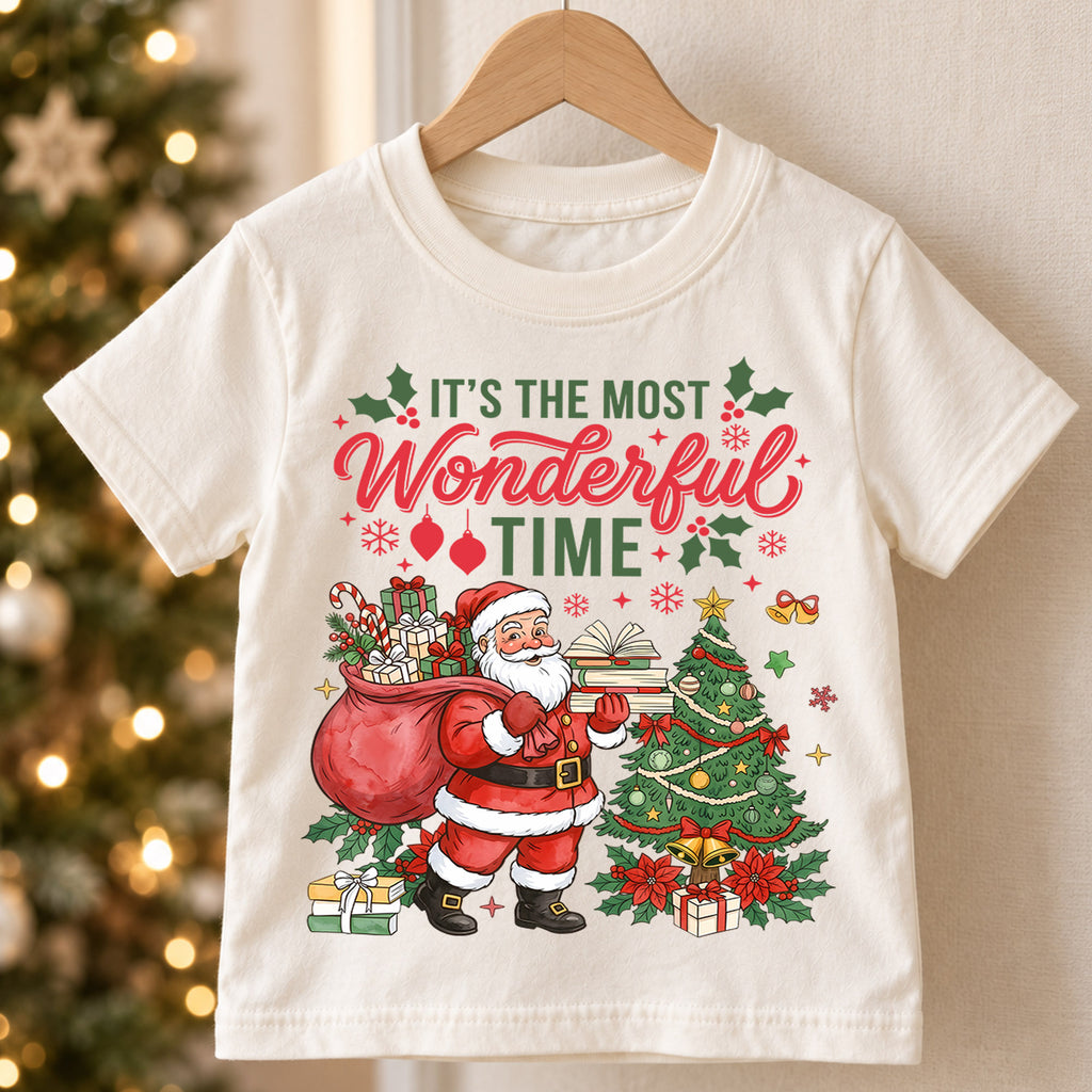 It's the Most Wonderful Time Santa and Tree Shirt, Festive Christmas Kids Tee, Cute Winter Holiday Outfit, Christmas Gift for Toddlers — product view 5