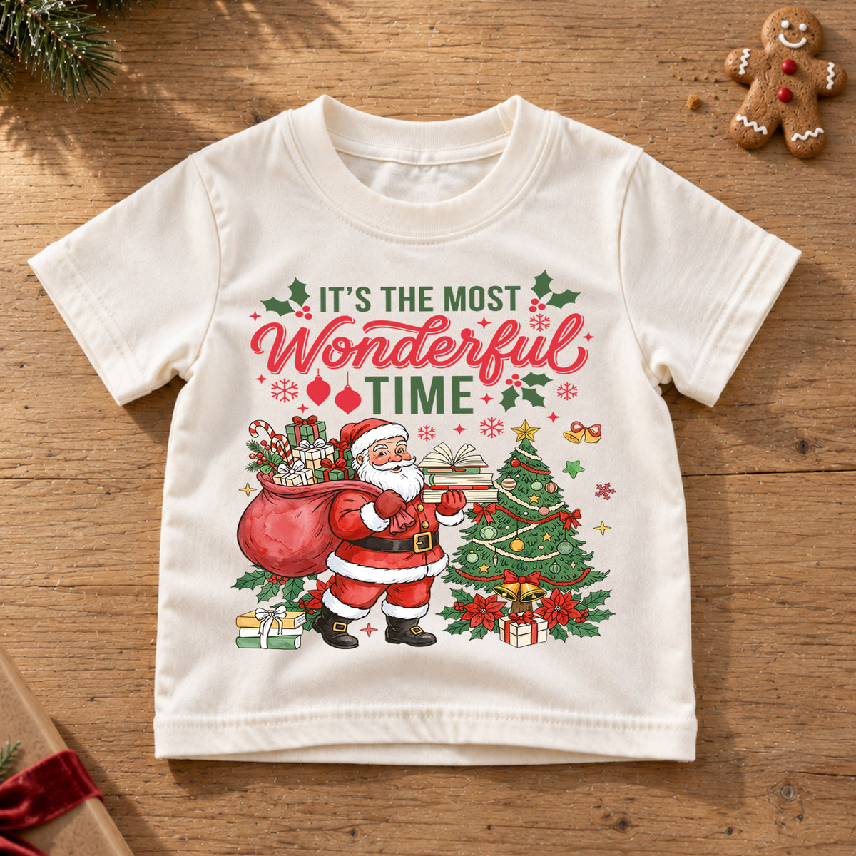 It's the Most Wonderful Time Santa and Tree Shirt, Festive Christmas Kids Tee, Cute Winter Holiday Outfit, Christmas Gift for Toddlers — product view 6