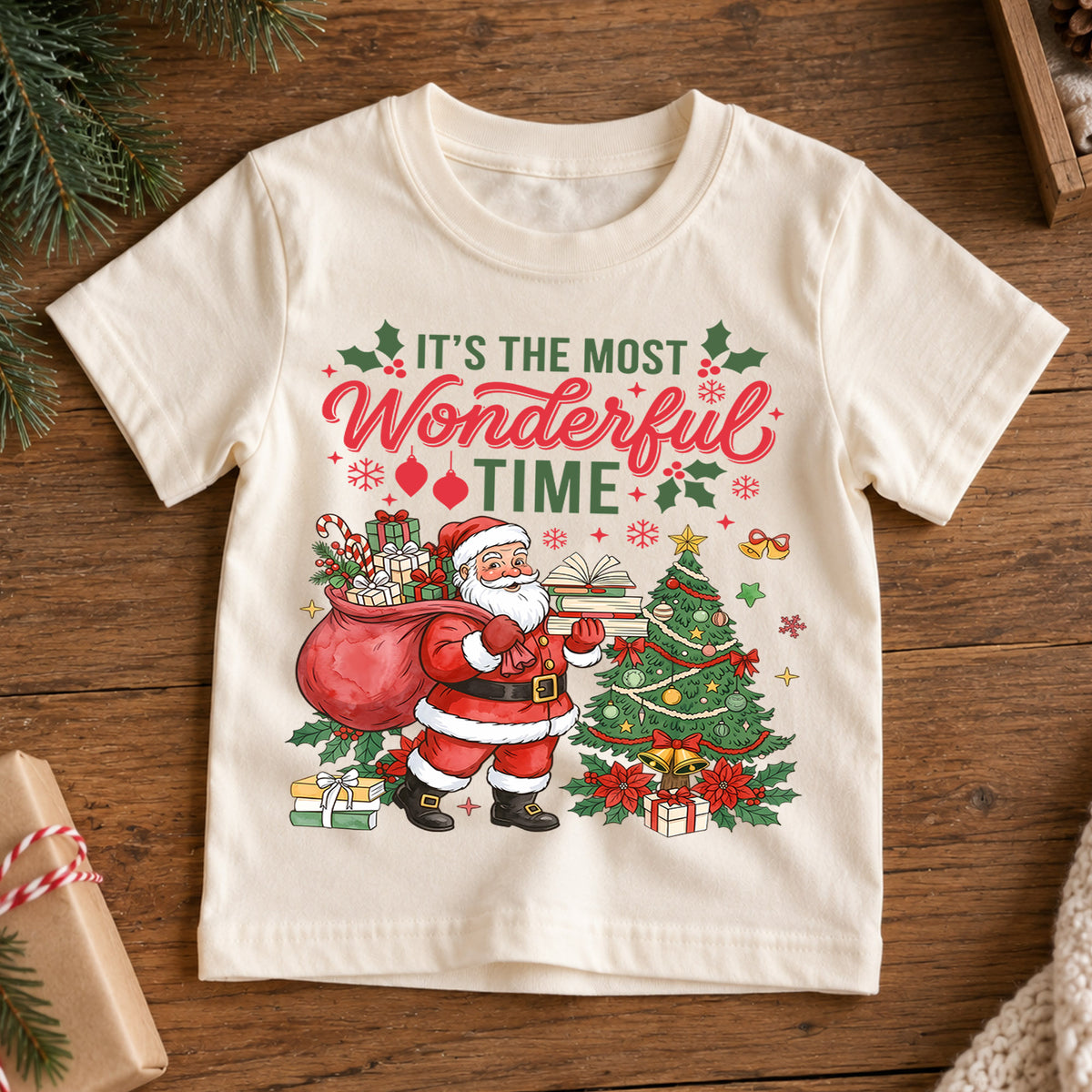 It's the Most Wonderful Time Santa and Tree Shirt, Festive Christmas Kids Tee, Cute Winter Holiday Outfit, Christmas Gift for Toddlers — product view 7