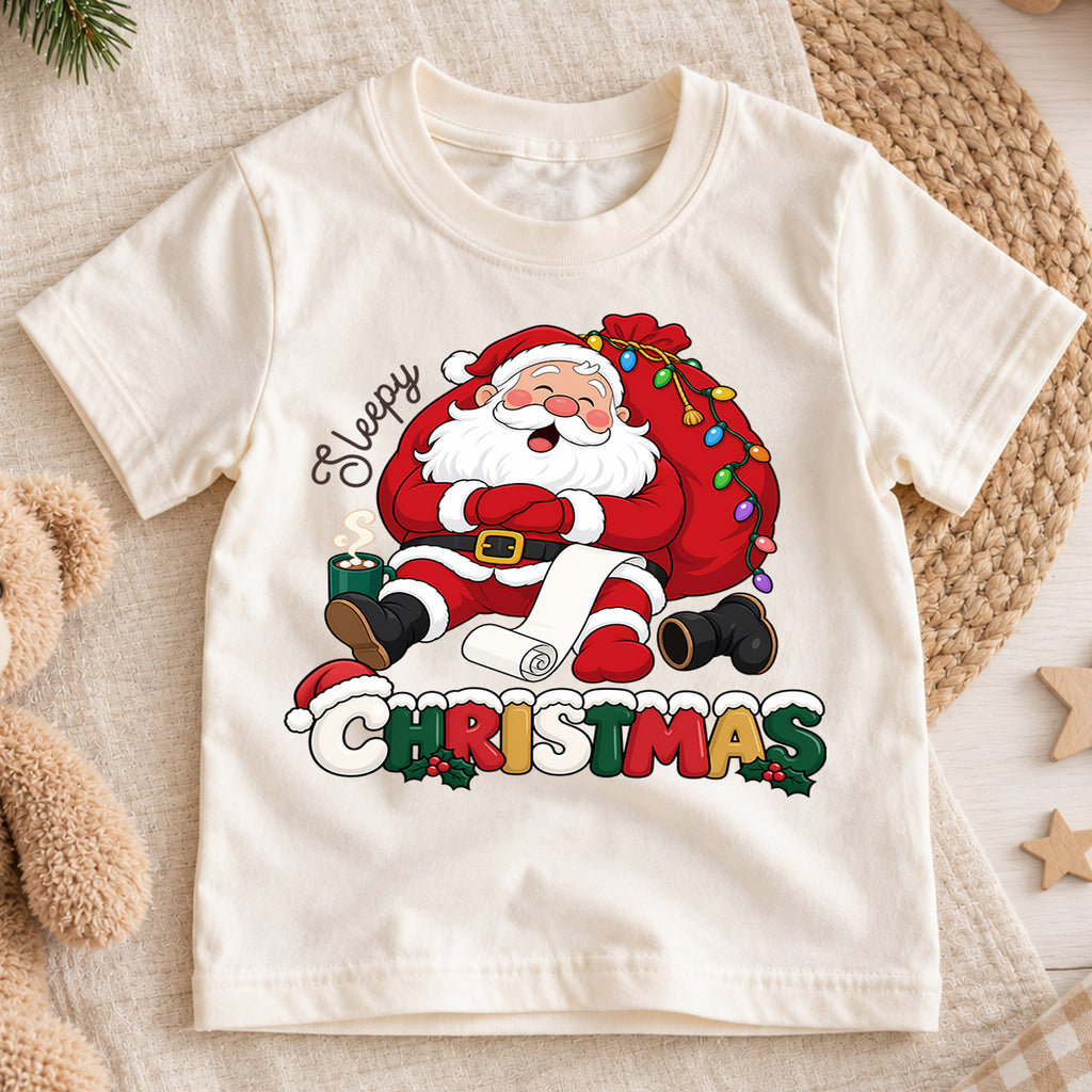 Sleepy Christmas Santa Claus Shirt, Tired Santa Holiday Kids Tee, Funny Festive Winter Holiday Outfit, Cute Christmas Gift for Kids — product view 1