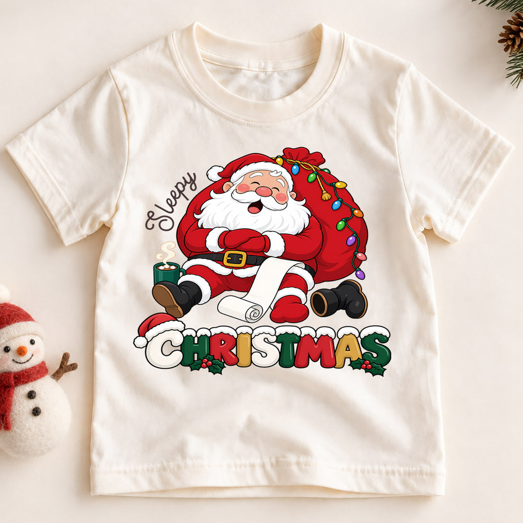 Sleepy Christmas Santa Claus Shirt, Tired Santa Holiday Kids Tee, Funny Festive Winter Holiday Outfit, Cute Christmas Gift for Kids — product view 2