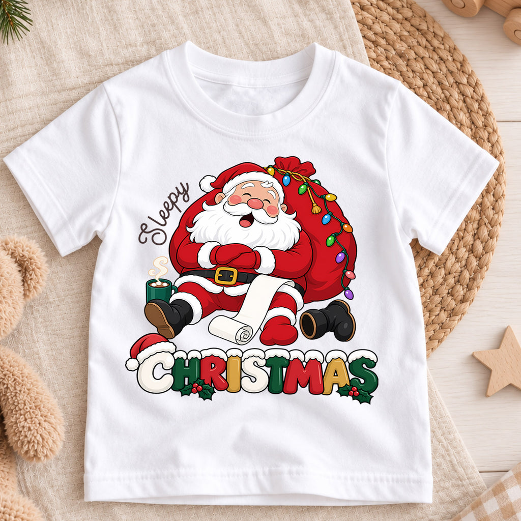 Sleepy Christmas Santa Claus Shirt, Tired Santa Holiday Kids Tee, Funny Festive Winter Holiday Outfit, Cute Christmas Gift for Kids — product view 3