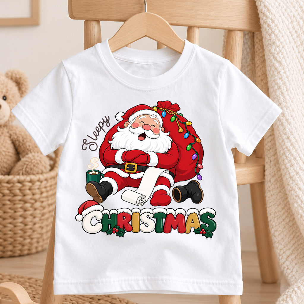Sleepy Christmas Santa Claus Shirt, Tired Santa Holiday Kids Tee, Funny Festive Winter Holiday Outfit, Cute Christmas Gift for Kids — product view 4