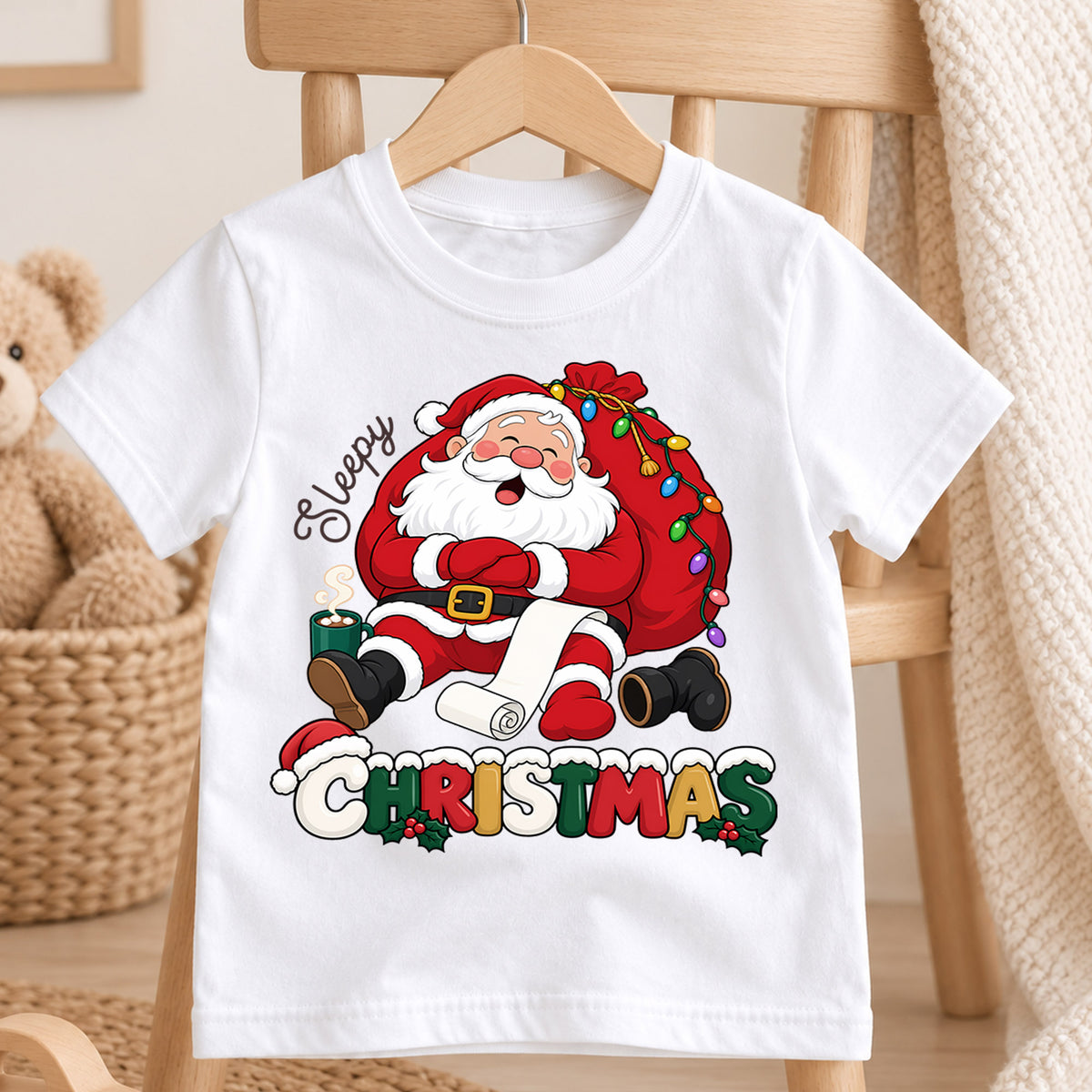 Sleepy Christmas Santa Claus Shirt, Tired Santa Holiday Kids Tee, Funny Festive Winter Holiday Outfit, Cute Christmas Gift for Kids — product view 4