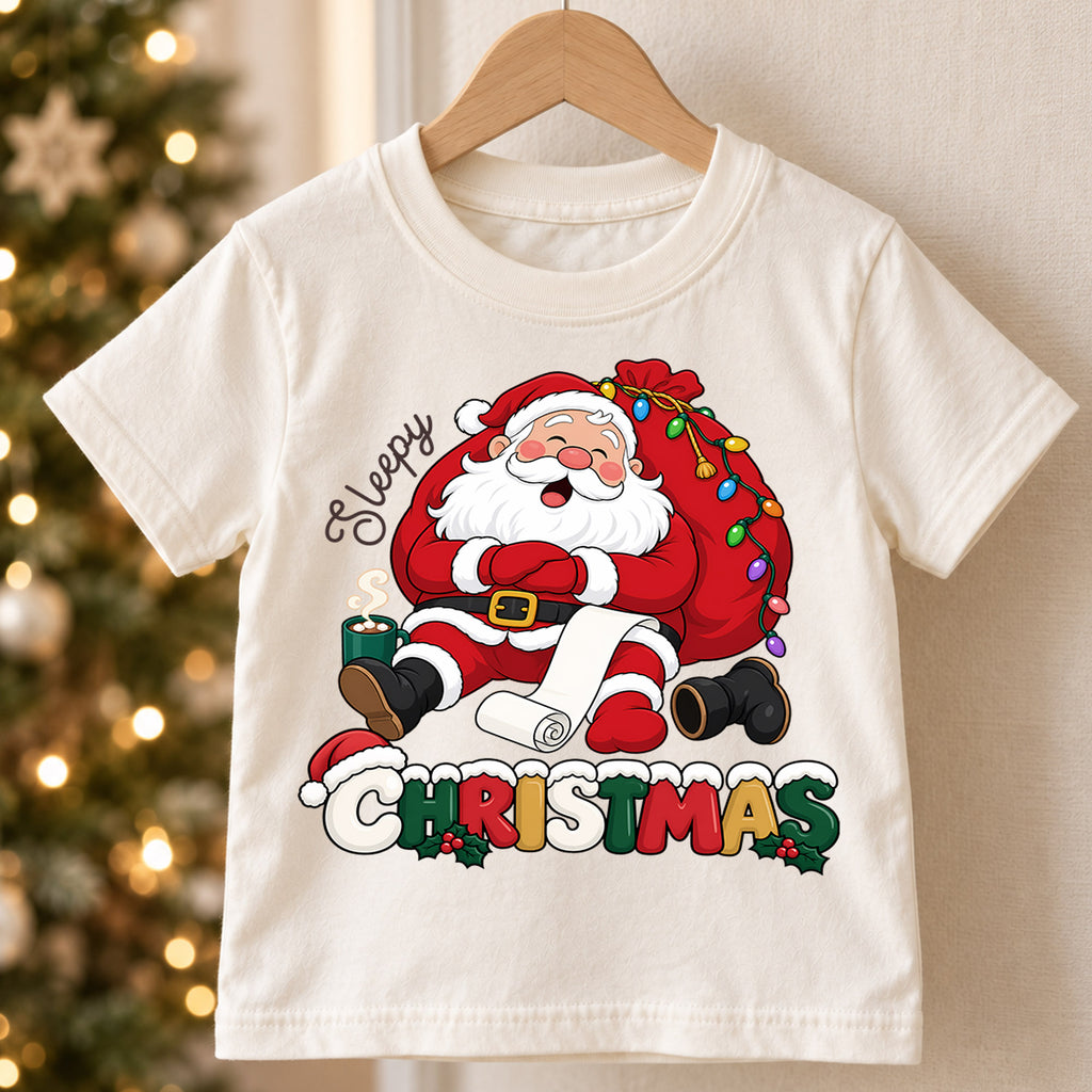 Sleepy Christmas Santa Claus Shirt, Tired Santa Holiday Kids Tee, Funny Festive Winter Holiday Outfit, Cute Christmas Gift for Kids — product view 5