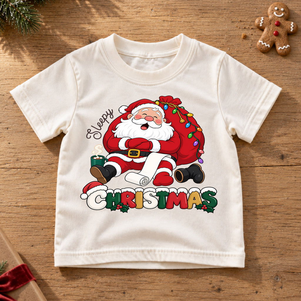 Sleepy Christmas Santa Claus Shirt, Tired Santa Holiday Kids Tee, Funny Festive Winter Holiday Outfit, Cute Christmas Gift for Kids — product view 6
