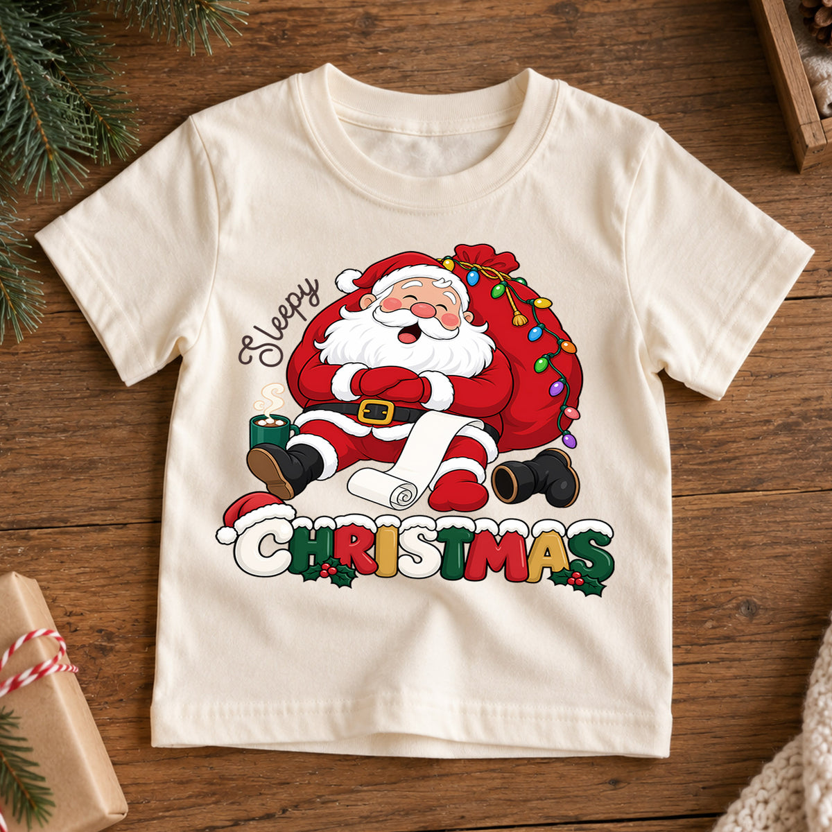 Sleepy Christmas Santa Claus Shirt, Tired Santa Holiday Kids Tee, Funny Festive Winter Holiday Outfit, Cute Christmas Gift for Kids — product view 7