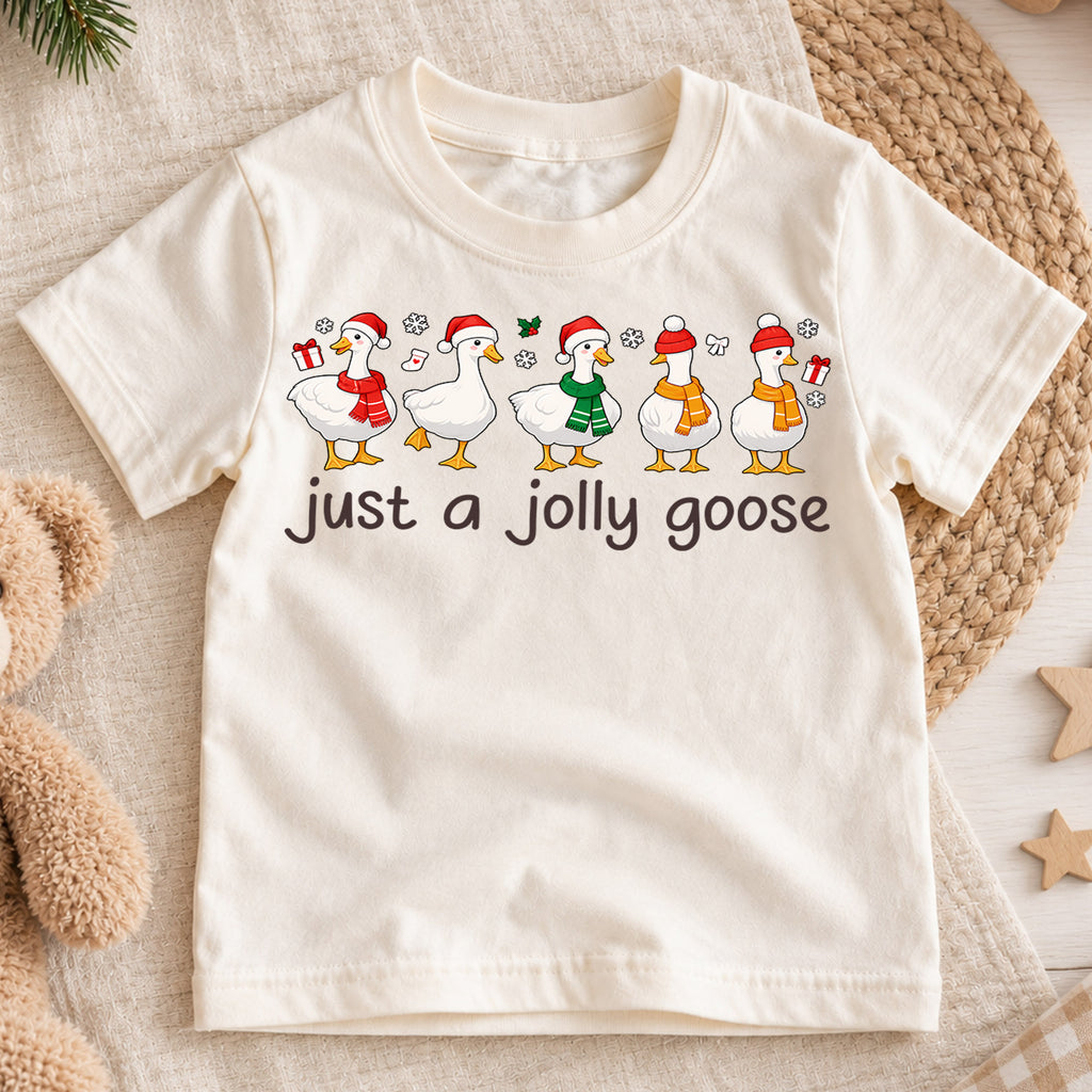 Just a Jolly Goose Christmas Shirt, Cute Holiday Duck Kids Tee, Funny Festive Winter Animal Graphic Tee, Christmas Gift for Children — product view 1