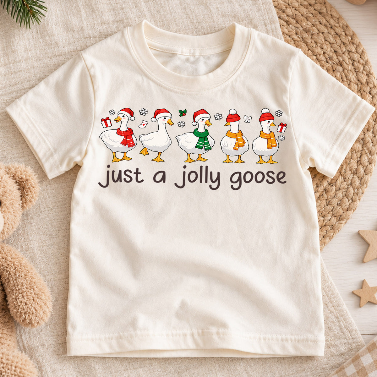Just a Jolly Goose Christmas Shirt, Cute Holiday Duck Kids Tee, Funny Festive Winter Animal Graphic Tee, Christmas Gift for Children — product view 1