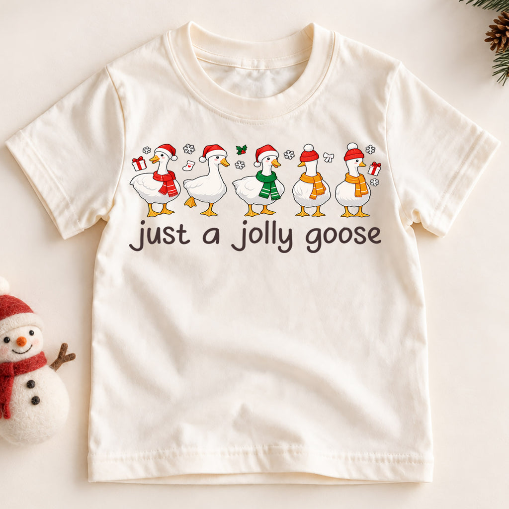 Just a Jolly Goose Christmas Shirt, Cute Holiday Duck Kids Tee, Funny Festive Winter Animal Graphic Tee, Christmas Gift for Children — product view 2