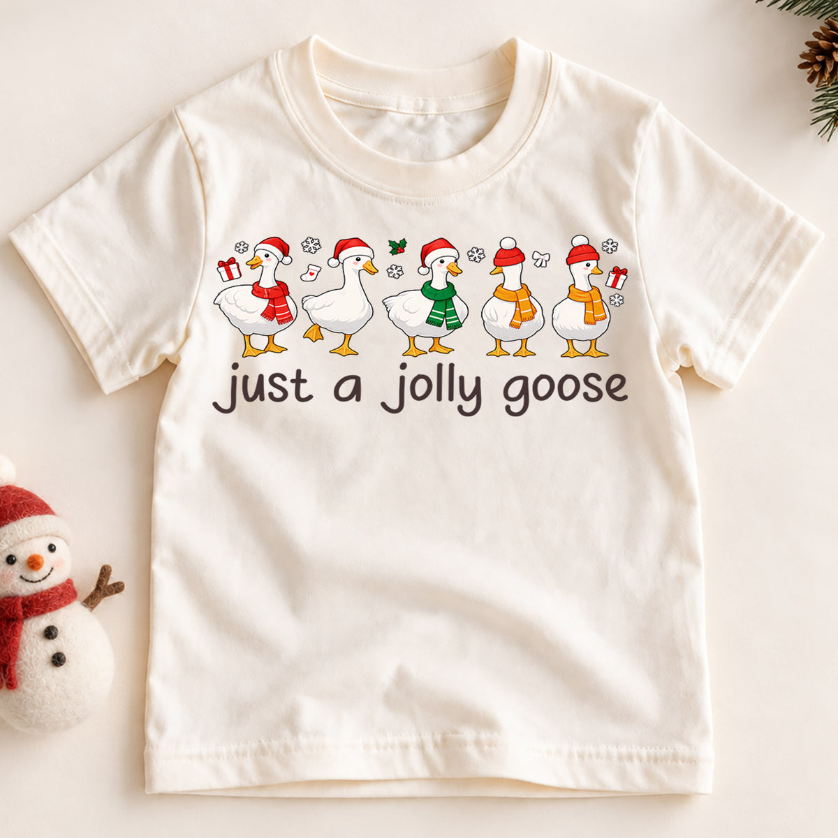 Just a Jolly Goose Christmas Shirt, Cute Holiday Duck Kids Tee, Funny Festive Winter Animal Graphic Tee, Christmas Gift for Children — product view 2