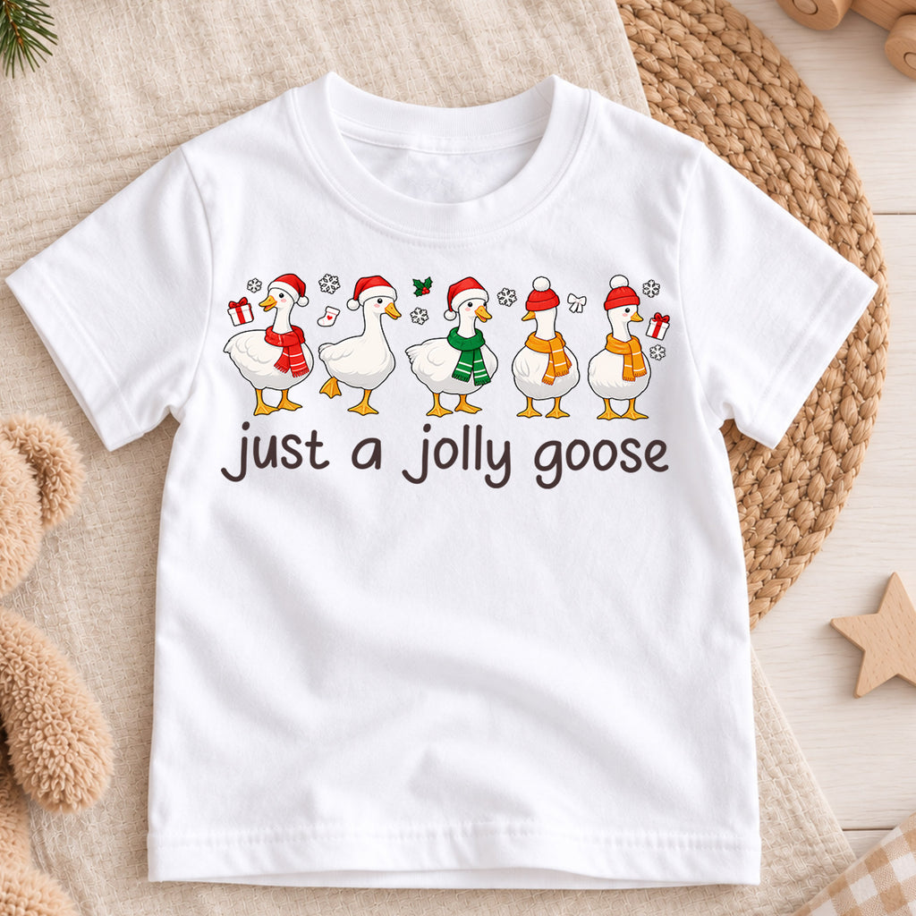 Just a Jolly Goose Christmas Shirt, Cute Holiday Duck Kids Tee, Funny Festive Winter Animal Graphic Tee, Christmas Gift for Children — product view 3