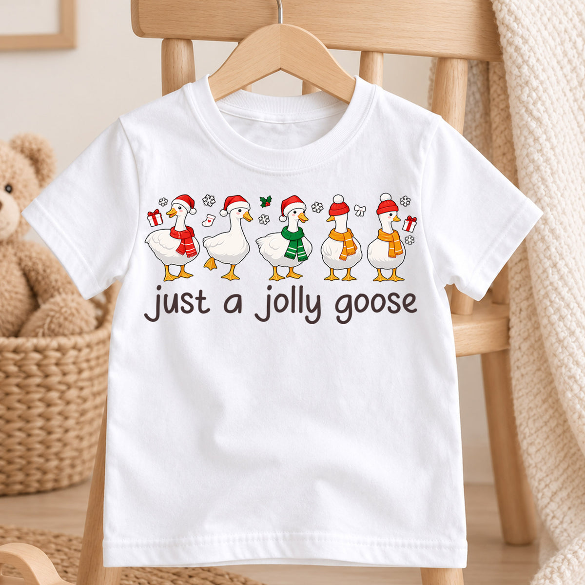 Just a Jolly Goose Christmas Shirt, Cute Holiday Duck Kids Tee, Funny Festive Winter Animal Graphic Tee, Christmas Gift for Children — product view 4