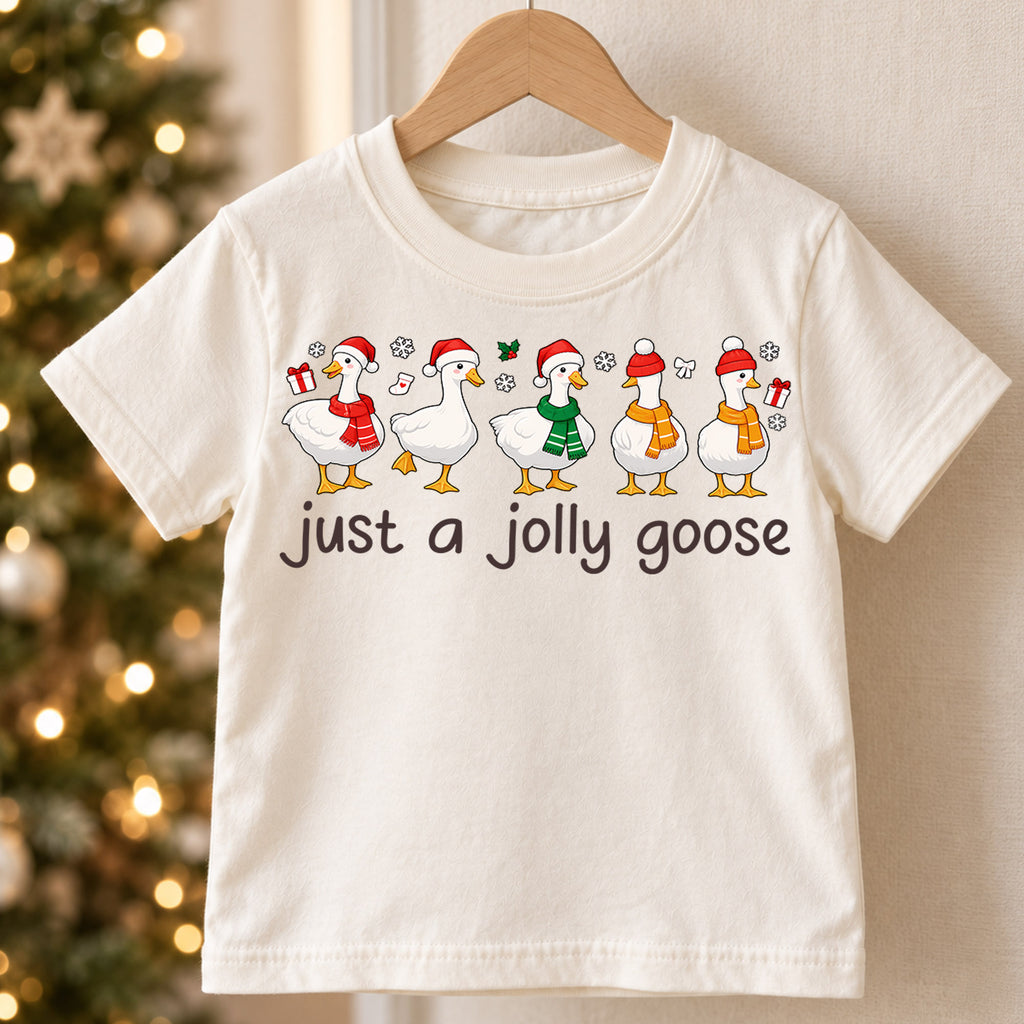 Just a Jolly Goose Christmas Shirt, Cute Holiday Duck Kids Tee, Funny Festive Winter Animal Graphic Tee, Christmas Gift for Children — product view 5