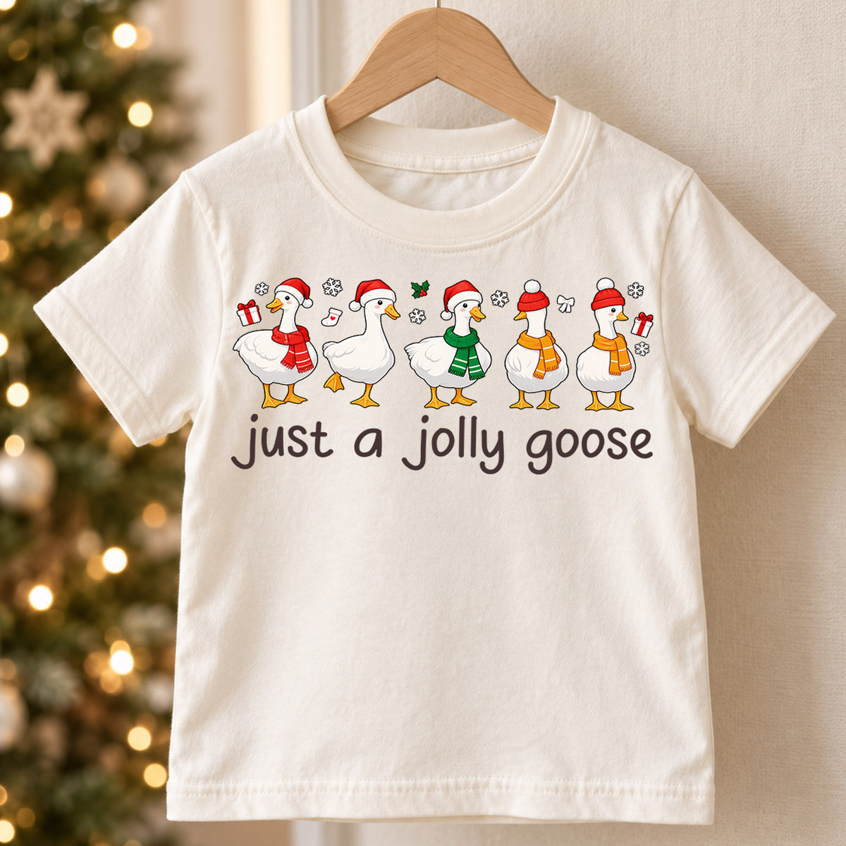 Just a Jolly Goose Christmas Shirt, Cute Holiday Duck Kids Tee, Funny Festive Winter Animal Graphic Tee, Christmas Gift for Children — product view 5