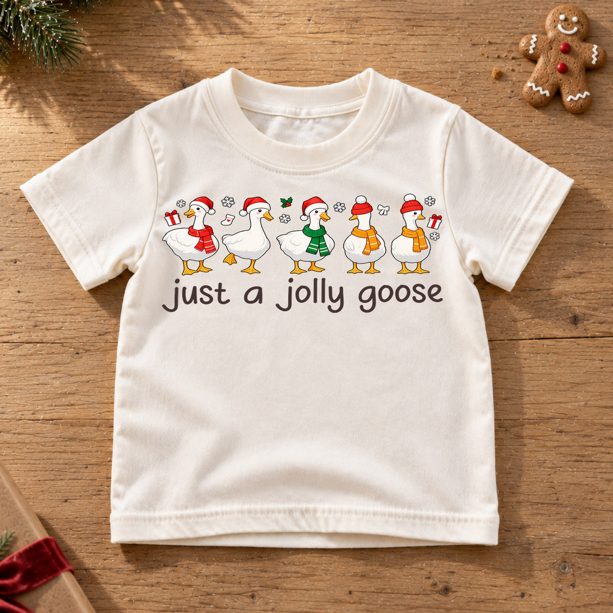 Just a Jolly Goose Christmas Shirt, Cute Holiday Duck Kids Tee, Funny Festive Winter Animal Graphic Tee, Christmas Gift for Children — product view 6
