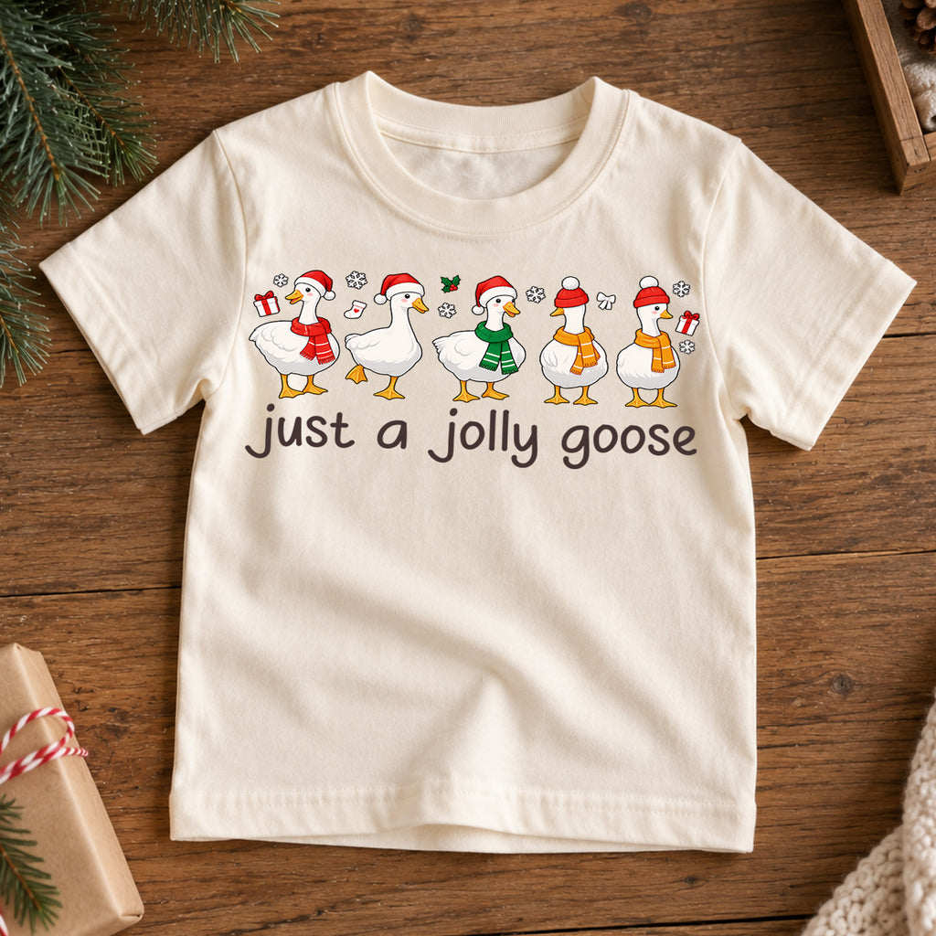 Just a Jolly Goose Christmas Shirt, Cute Holiday Duck Kids Tee, Funny Festive Winter Animal Graphic Tee, Christmas Gift for Children — product view 7