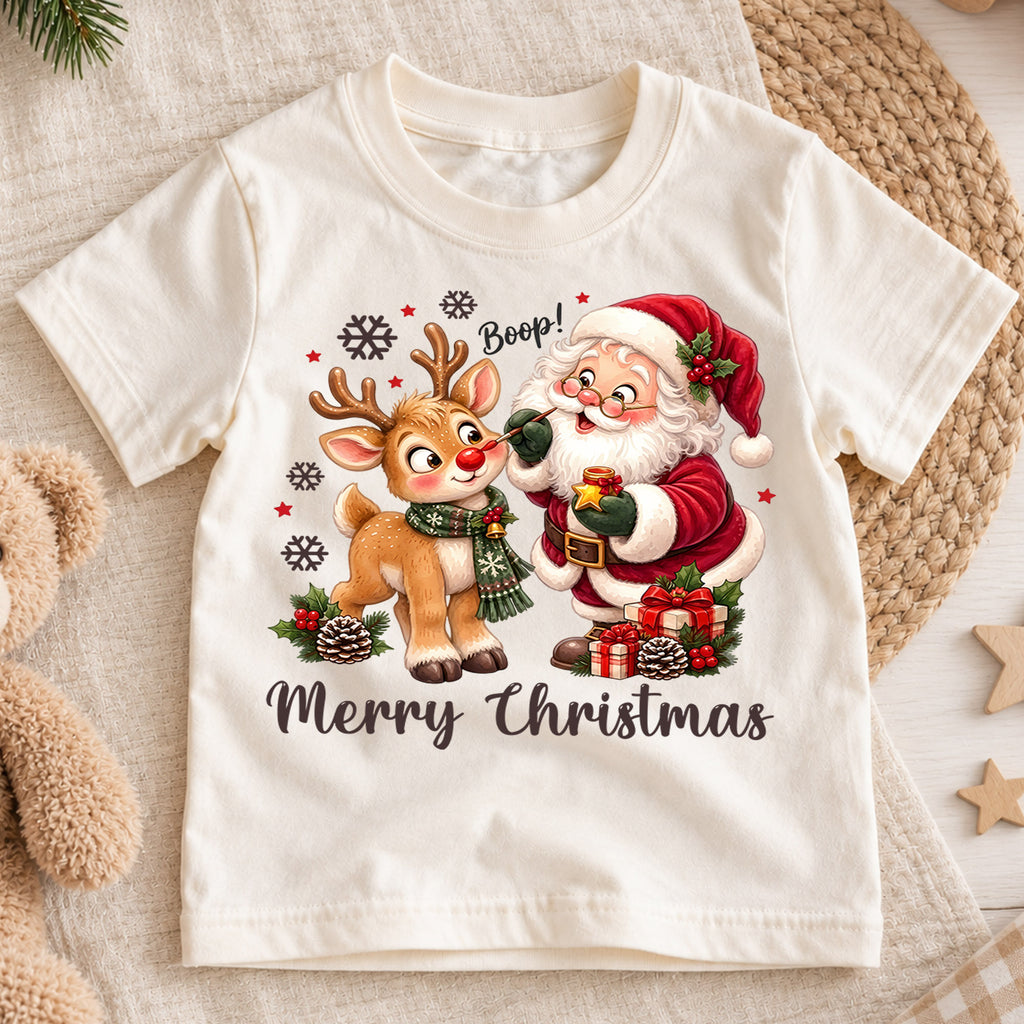 Cute Boop Santa and Reindeer Christmas Shirt, Holiday Animal Kids Tee, Festive Winter Outfit, Sweet Holiday Christmas Gift for Kids — product view 1