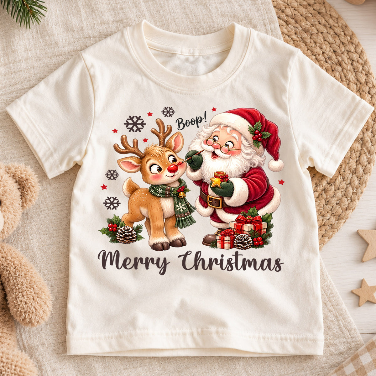 Cute Boop Santa and Reindeer Christmas Shirt, Holiday Animal Kids Tee, Festive Winter Outfit, Sweet Holiday Christmas Gift for Kids — product view 1