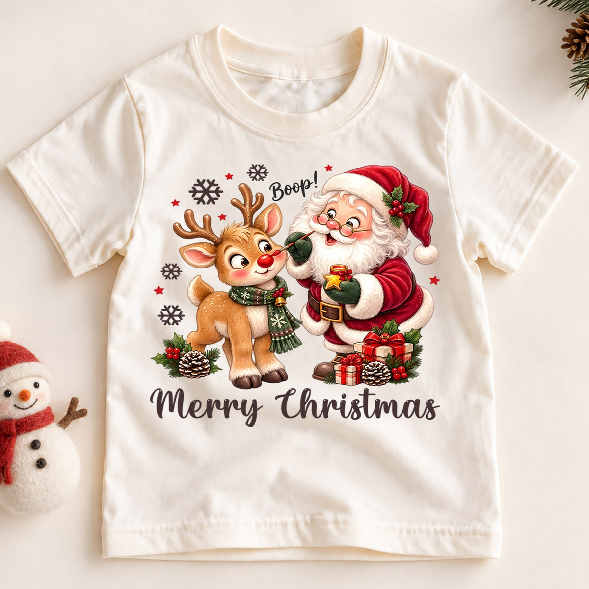 Cute Boop Santa and Reindeer Christmas Shirt, Holiday Animal Kids Tee, Festive Winter Outfit, Sweet Holiday Christmas Gift for Kids — product view 2