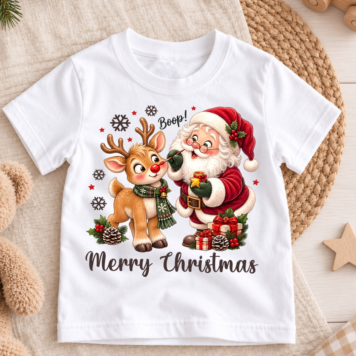 Cute Boop Santa and Reindeer Christmas Shirt, Holiday Animal Kids Tee, Festive Winter Outfit, Sweet Holiday Christmas Gift for Kids — product view 3