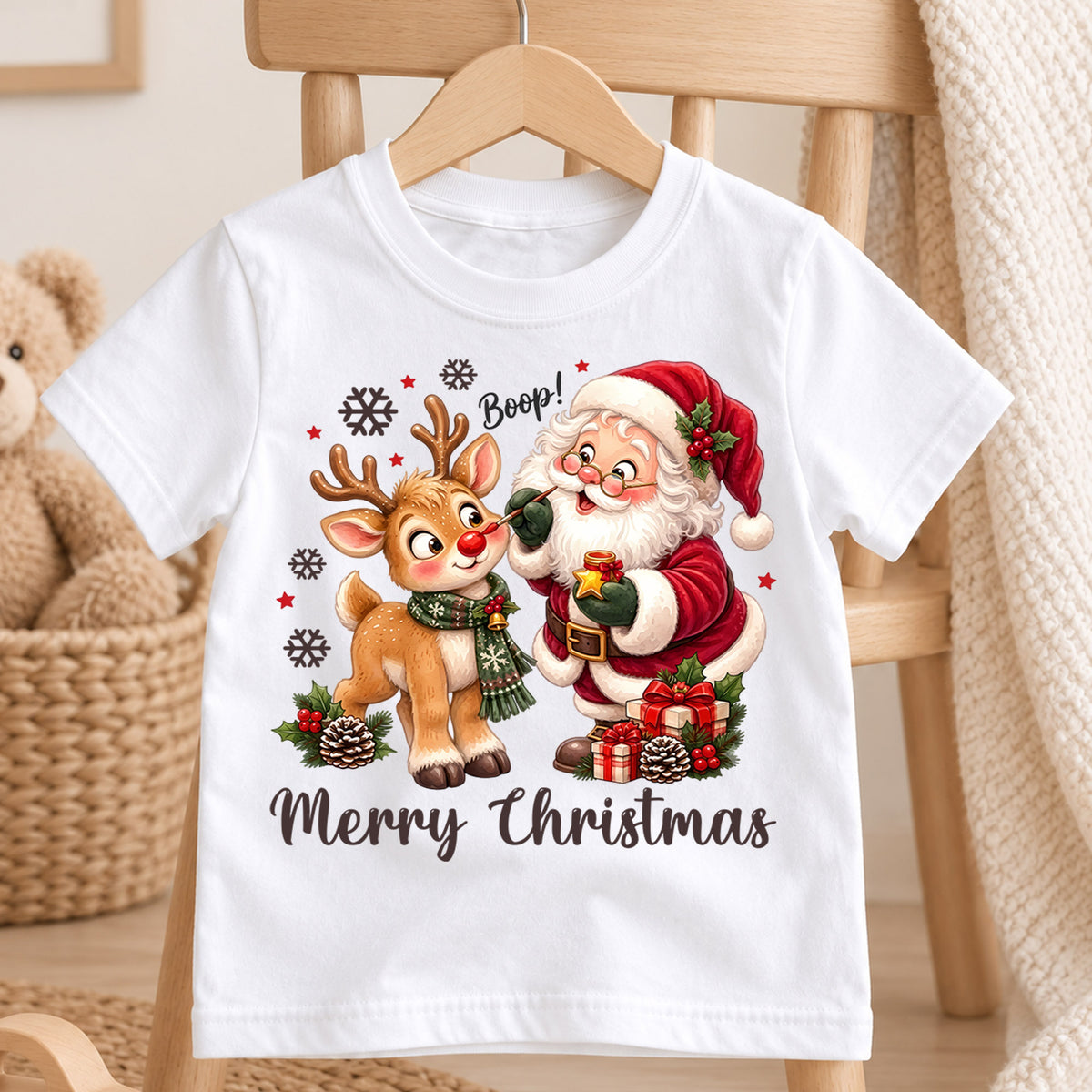 Cute Boop Santa and Reindeer Christmas Shirt, Holiday Animal Kids Tee, Festive Winter Outfit, Sweet Holiday Christmas Gift for Kids — product view 4