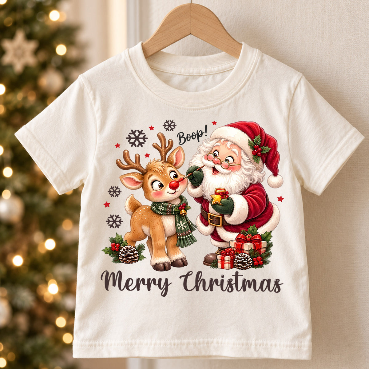 Cute Boop Santa and Reindeer Christmas Shirt, Holiday Animal Kids Tee, Festive Winter Outfit, Sweet Holiday Christmas Gift for Kids — product view 5