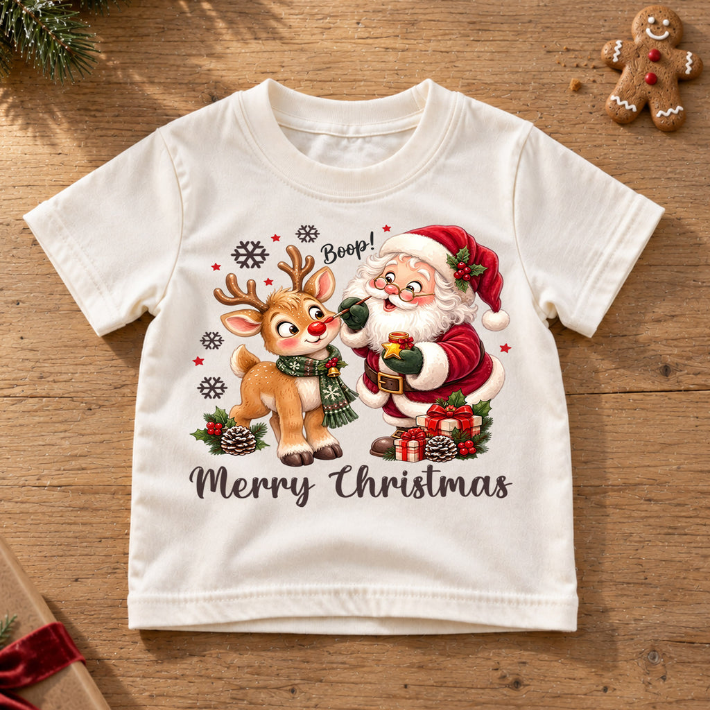 Cute Boop Santa and Reindeer Christmas Shirt, Holiday Animal Kids Tee, Festive Winter Outfit, Sweet Holiday Christmas Gift for Kids — product view 6