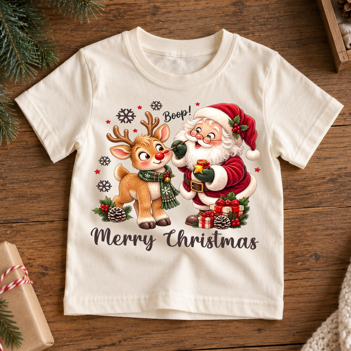 Cute Boop Santa and Reindeer Christmas Shirt, Holiday Animal Kids Tee, Festive Winter Outfit, Sweet Holiday Christmas Gift for Kids — product view 7