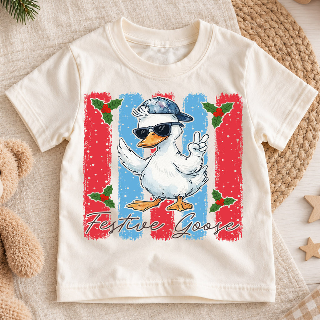 Cute Festive Goose Christmas Shirt, Funny Holiday Duck Kids Tee, Cool Winter Animal Graphic Top, Festive Christmas Gift for Children — product view 1