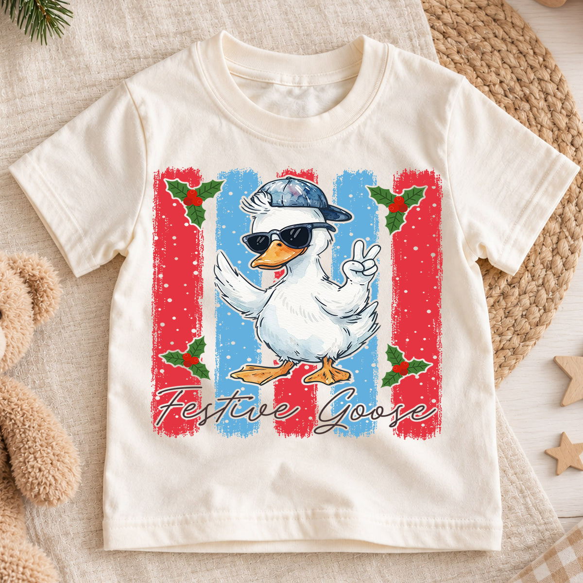 Cute Festive Goose Christmas Shirt, Funny Holiday Duck Kids Tee, Cool Winter Animal Graphic Top, Festive Christmas Gift for Children — product view 1