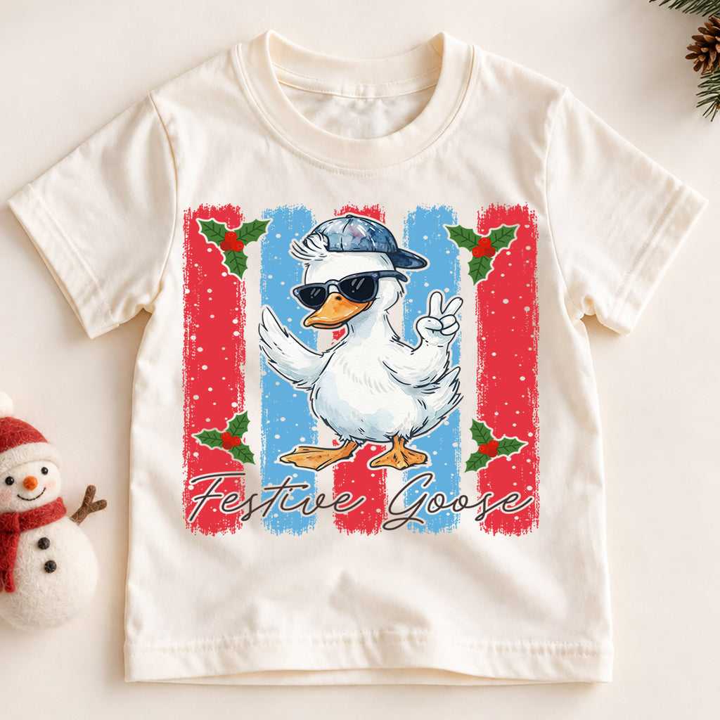 Cute Festive Goose Christmas Shirt, Funny Holiday Duck Kids Tee, Cool Winter Animal Graphic Top, Festive Christmas Gift for Children — product view 2