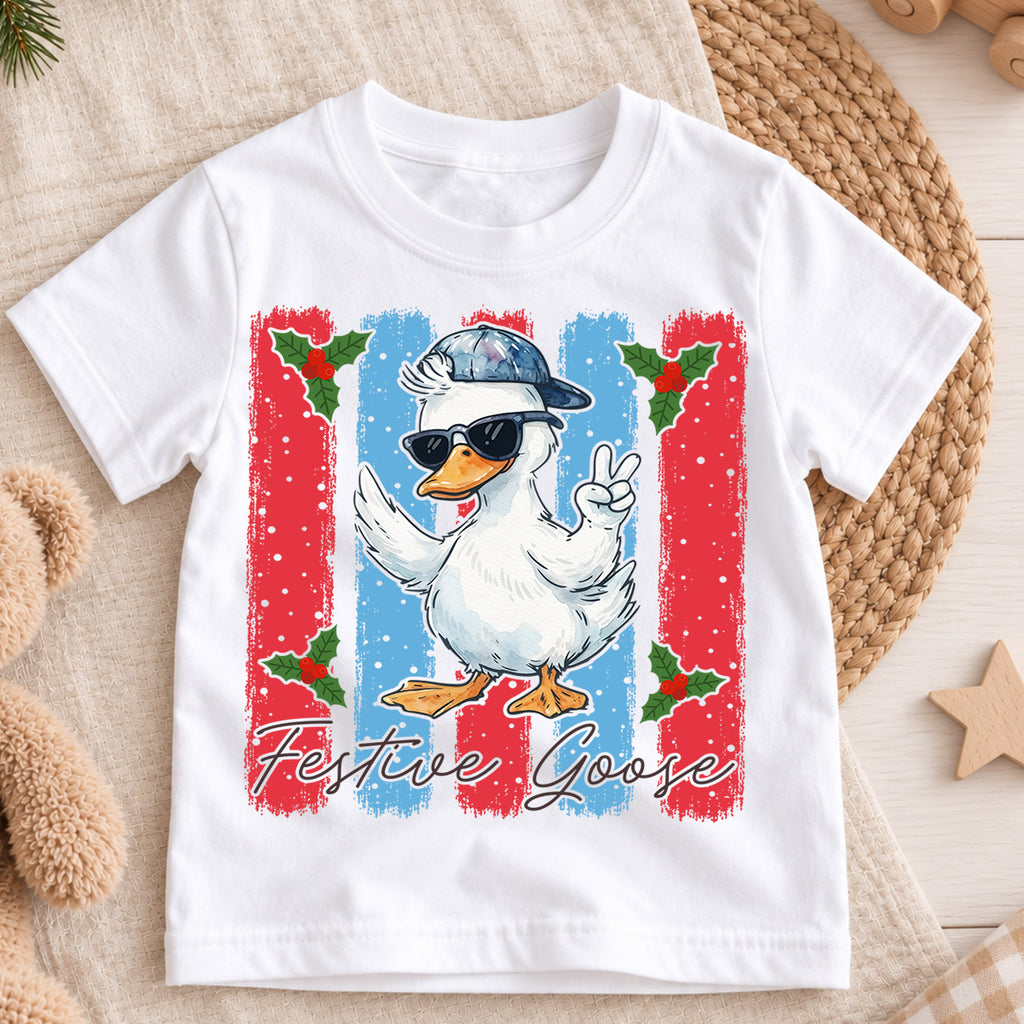 Cute Festive Goose Christmas Shirt, Funny Holiday Duck Kids Tee, Cool Winter Animal Graphic Top, Festive Christmas Gift for Children — product view 3
