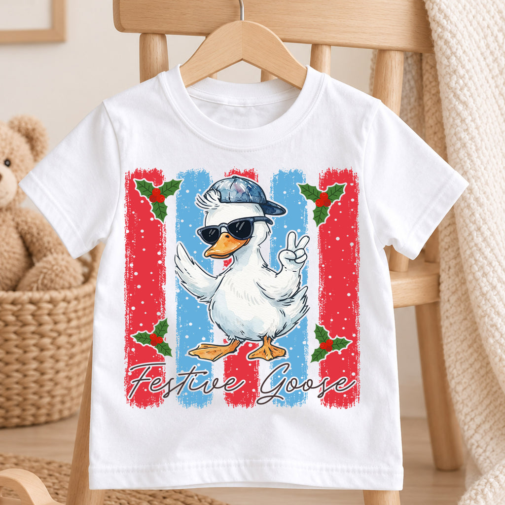 Cute Festive Goose Christmas Shirt, Funny Holiday Duck Kids Tee, Cool Winter Animal Graphic Top, Festive Christmas Gift for Children — product view 4