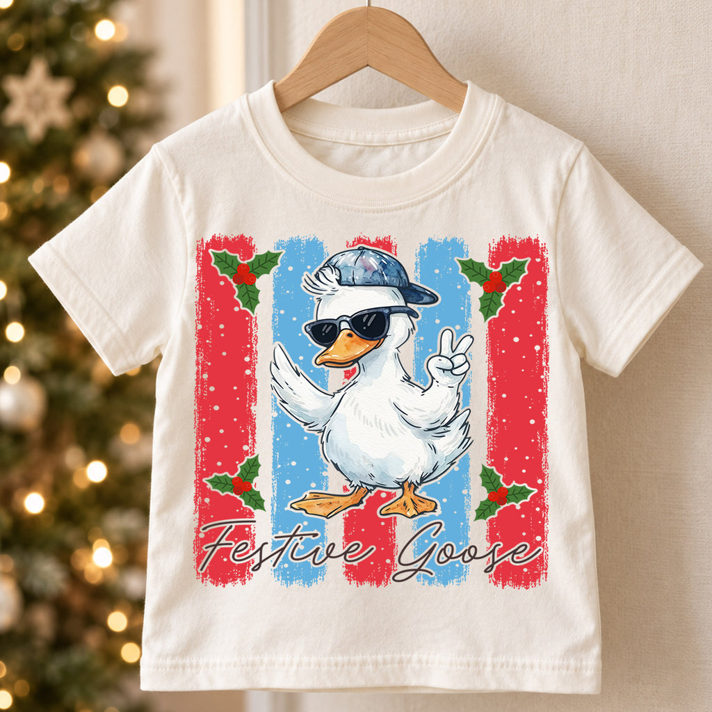 Cute Festive Goose Christmas Shirt, Funny Holiday Duck Kids Tee, Cool Winter Animal Graphic Top, Festive Christmas Gift for Children — product view 5