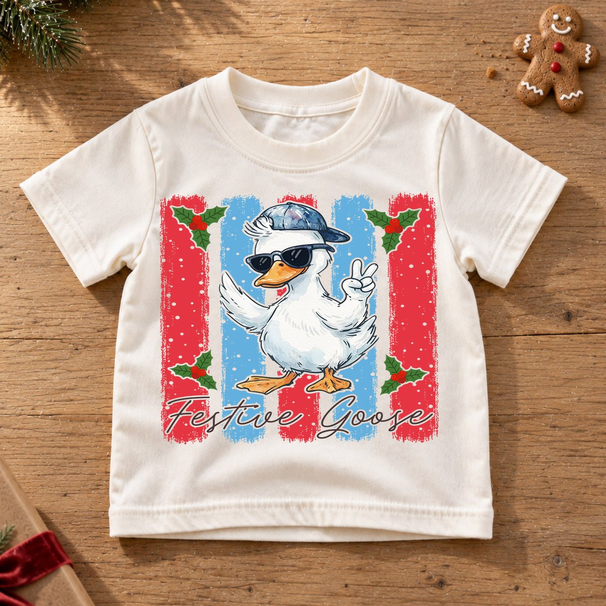 Cute Festive Goose Christmas Shirt, Funny Holiday Duck Kids Tee, Cool Winter Animal Graphic Top, Festive Christmas Gift for Children — product view 6