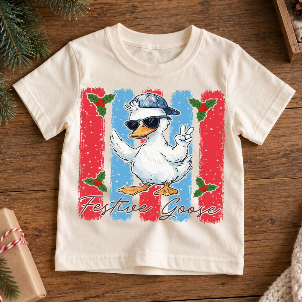 Cute Festive Goose Christmas Shirt, Funny Holiday Duck Kids Tee, Cool Winter Animal Graphic Top, Festive Christmas Gift for Children — product view 7