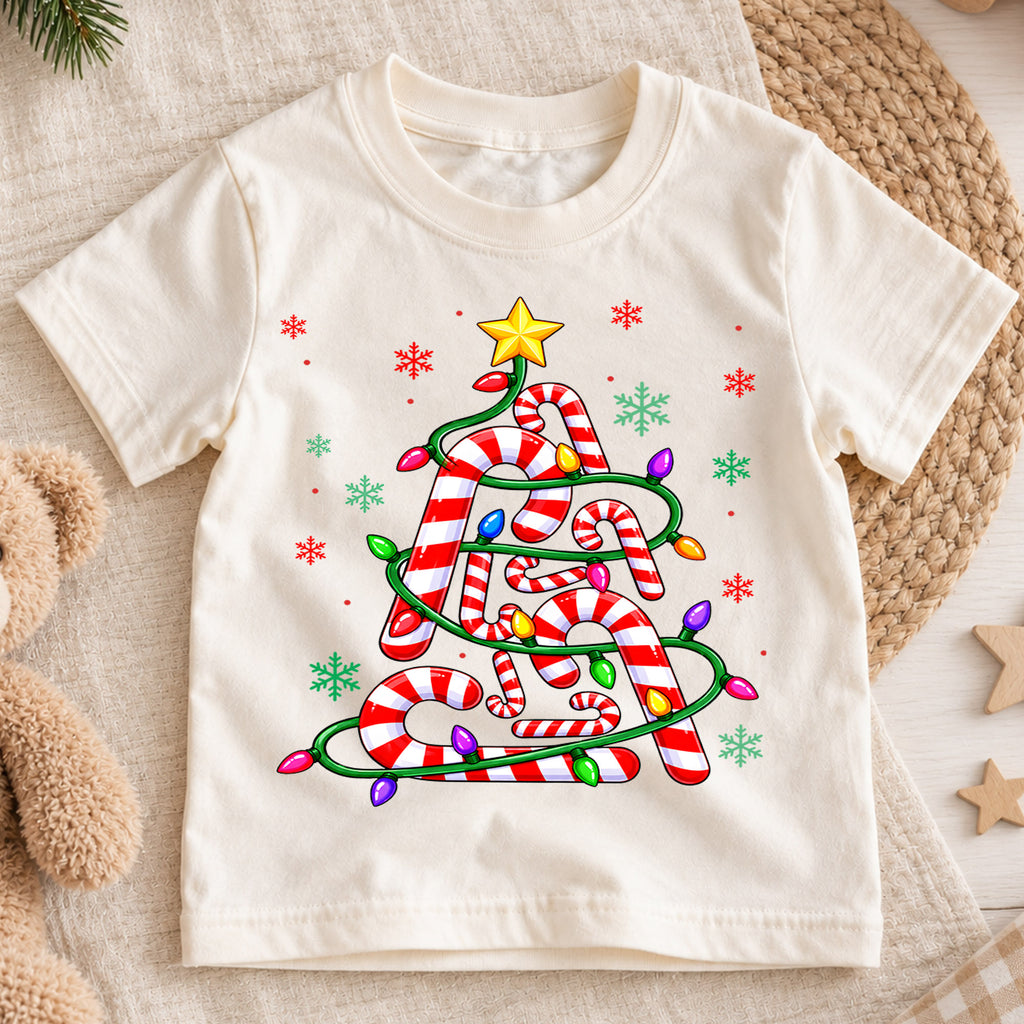 Cute Candy Cane Christmas Tree Shirt, Holiday Lights Kids Tee, Festive Winter Holiday Graphic Top, Sweet Christmas Gift for Children — product view 1