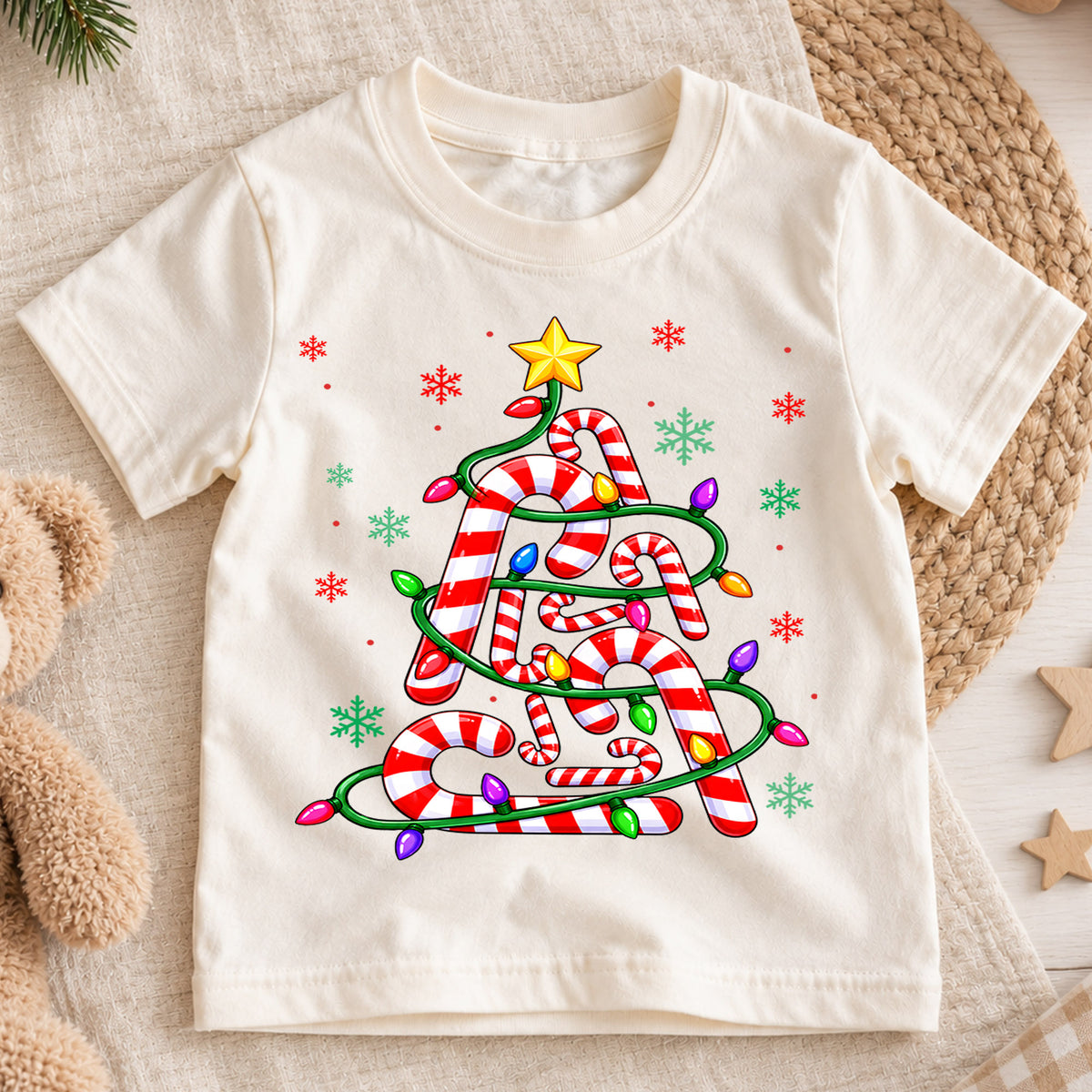 Cute Candy Cane Christmas Tree Shirt, Holiday Lights Kids Tee, Festive Winter Holiday Graphic Top, Sweet Christmas Gift for Children — product view 1