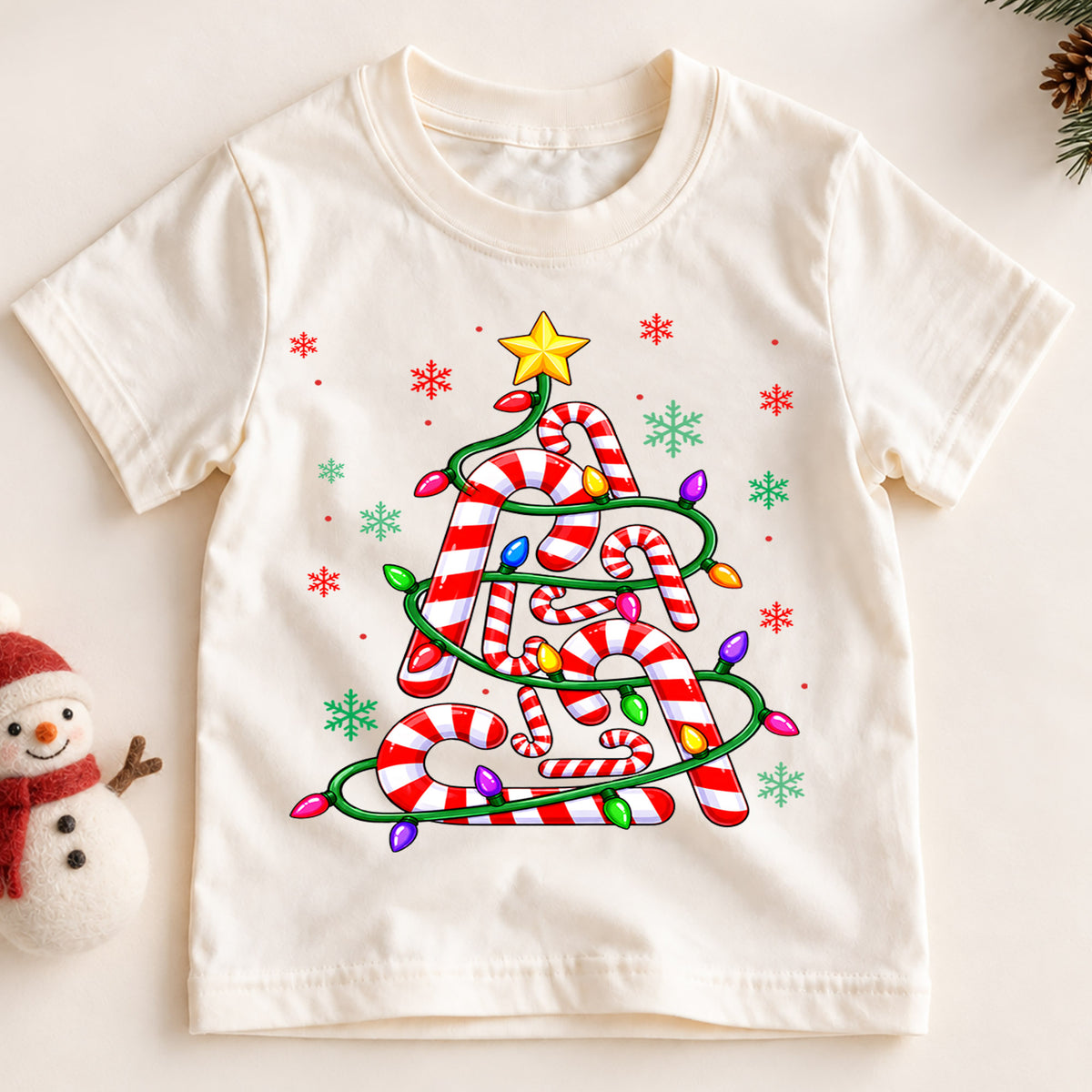 Cute Candy Cane Christmas Tree Shirt, Holiday Lights Kids Tee, Festive Winter Holiday Graphic Top, Sweet Christmas Gift for Children — product view 2