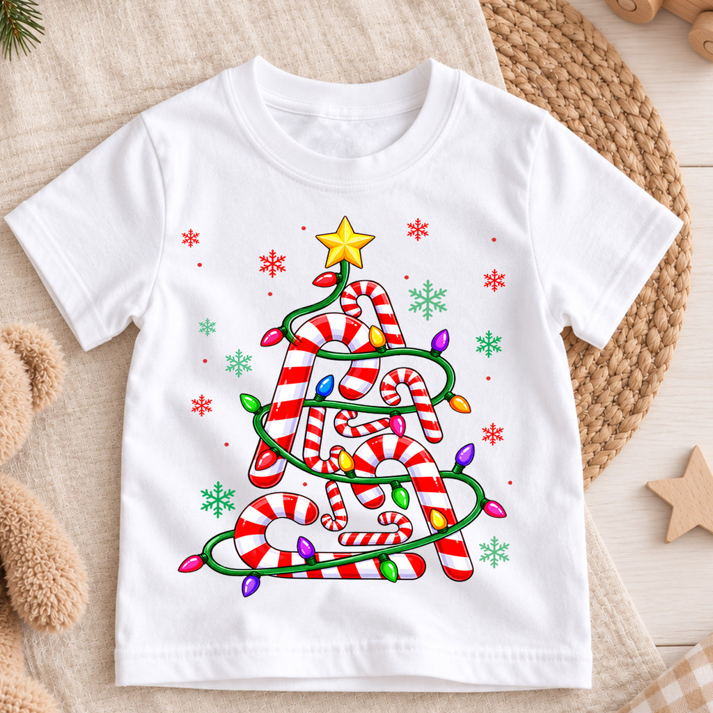Cute Candy Cane Christmas Tree Shirt, Holiday Lights Kids Tee, Festive Winter Holiday Graphic Top, Sweet Christmas Gift for Children — product view 3