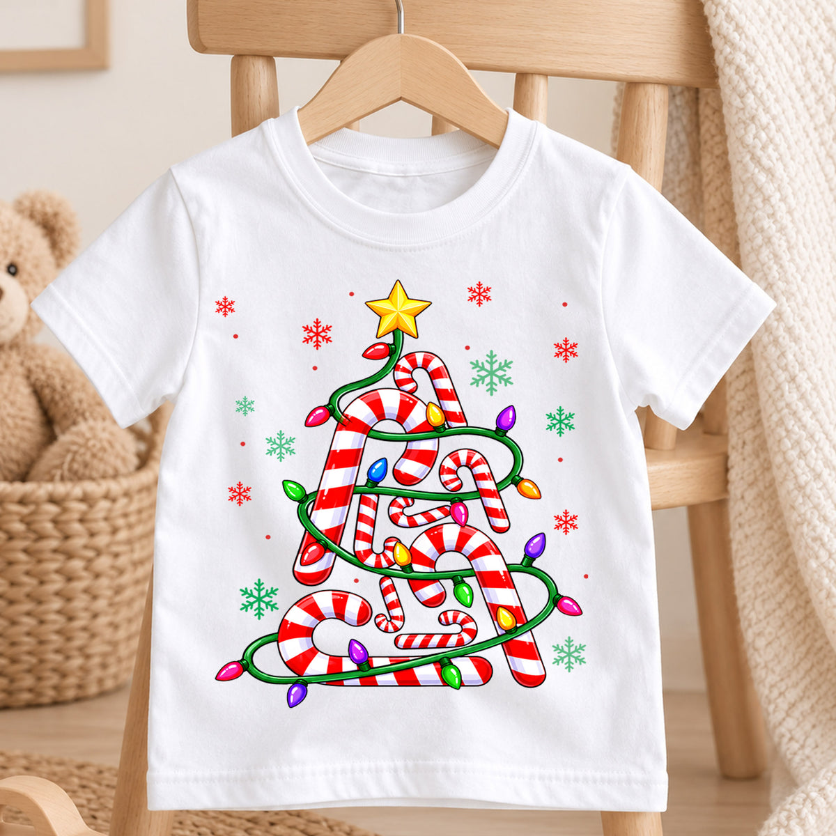 Cute Candy Cane Christmas Tree Shirt, Holiday Lights Kids Tee, Festive Winter Holiday Graphic Top, Sweet Christmas Gift for Children — product view 4