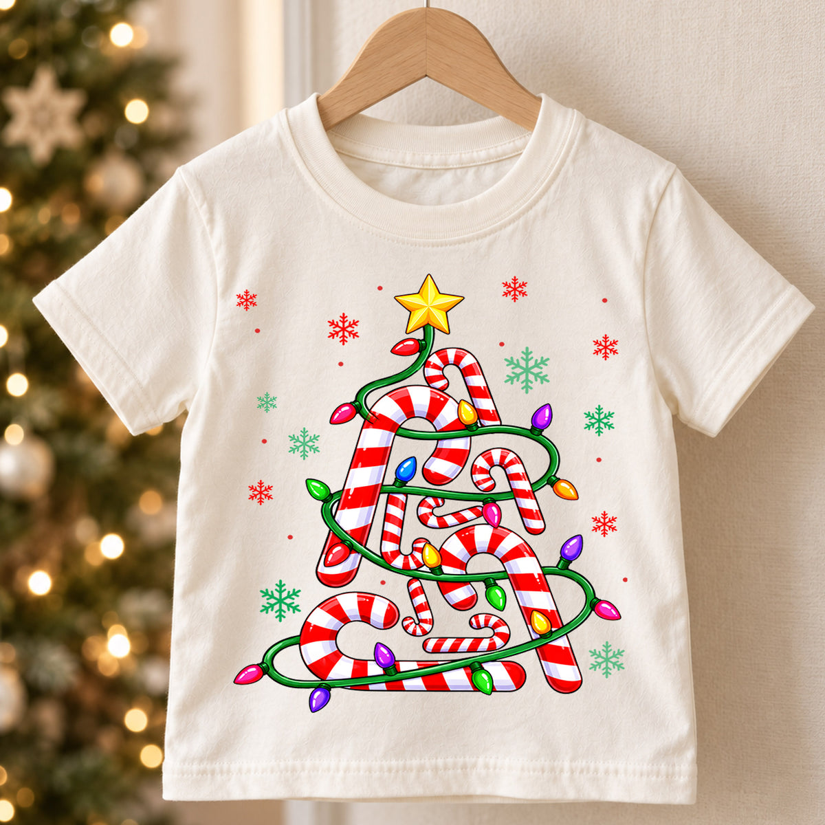 Cute Candy Cane Christmas Tree Shirt, Holiday Lights Kids Tee, Festive Winter Holiday Graphic Top, Sweet Christmas Gift for Children — product view 5