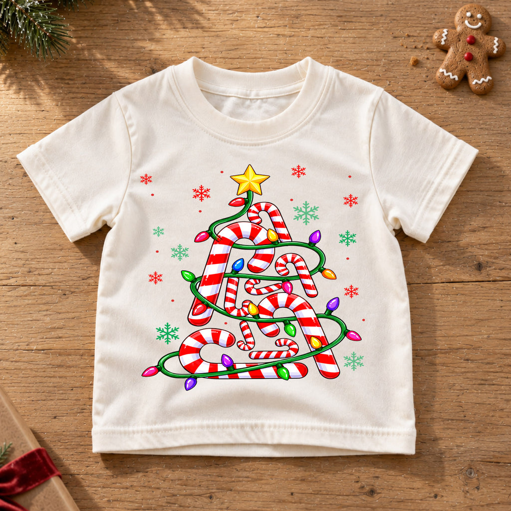 Cute Candy Cane Christmas Tree Shirt, Holiday Lights Kids Tee, Festive Winter Holiday Graphic Top, Sweet Christmas Gift for Children — product view 6