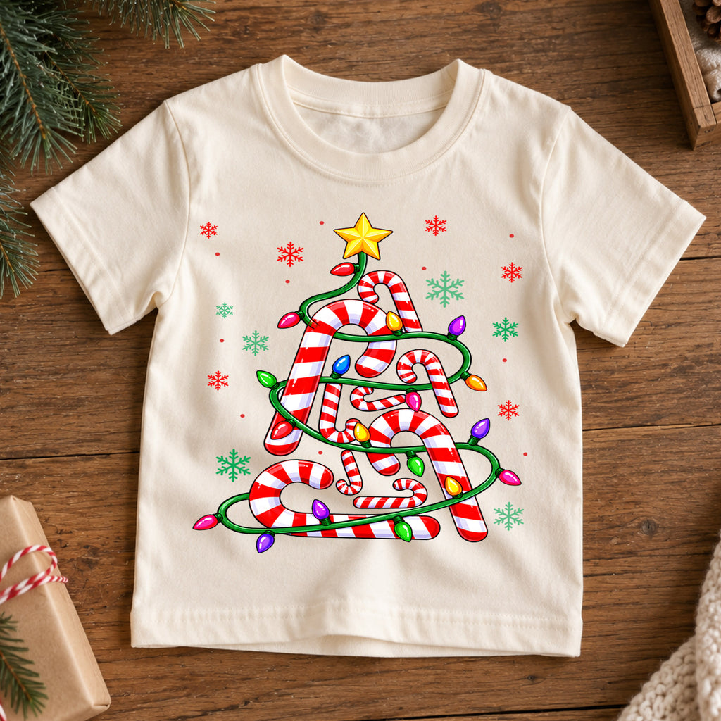 Cute Candy Cane Christmas Tree Shirt, Holiday Lights Kids Tee, Festive Winter Holiday Graphic Top, Sweet Christmas Gift for Children — product view 7