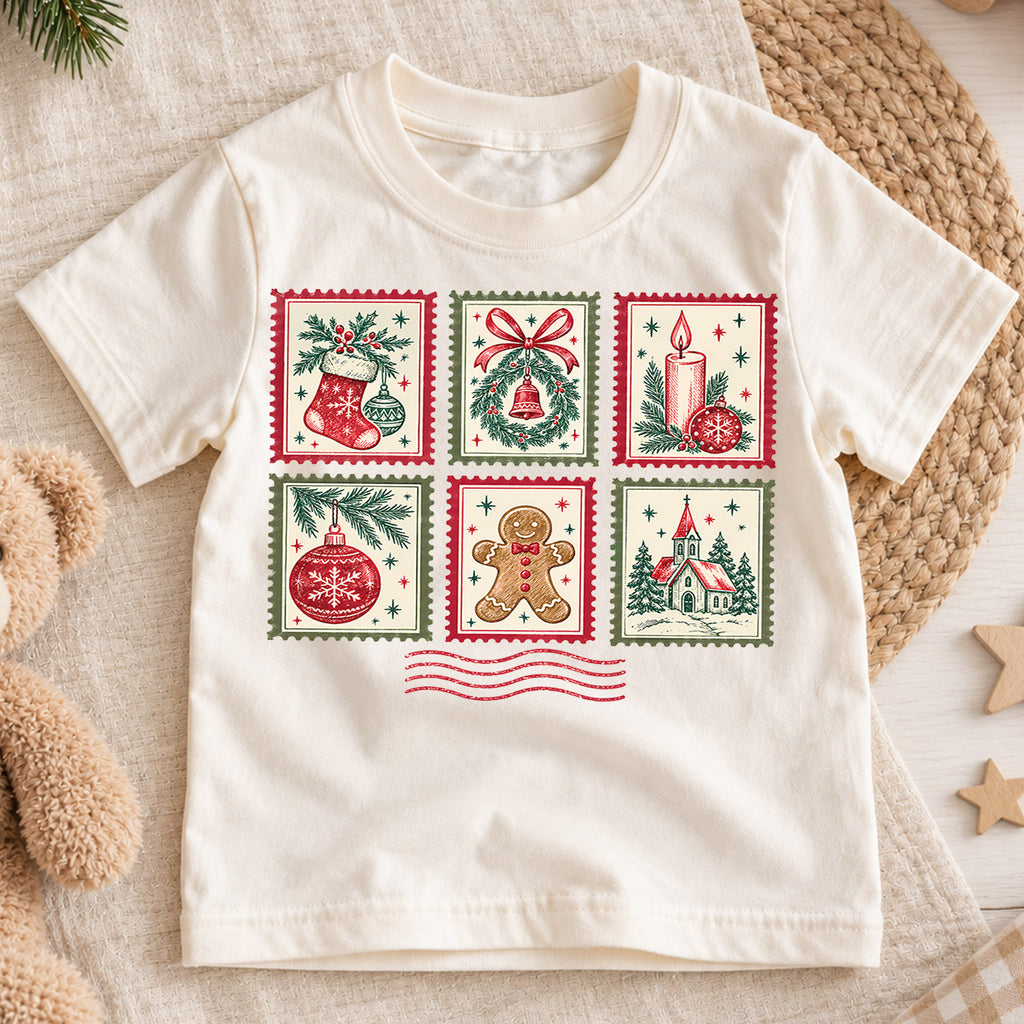 Vintage Christmas Postage Stamp Kids T-Shirt, Stocking Wreath Gingerbread Holiday Tee — product view 1