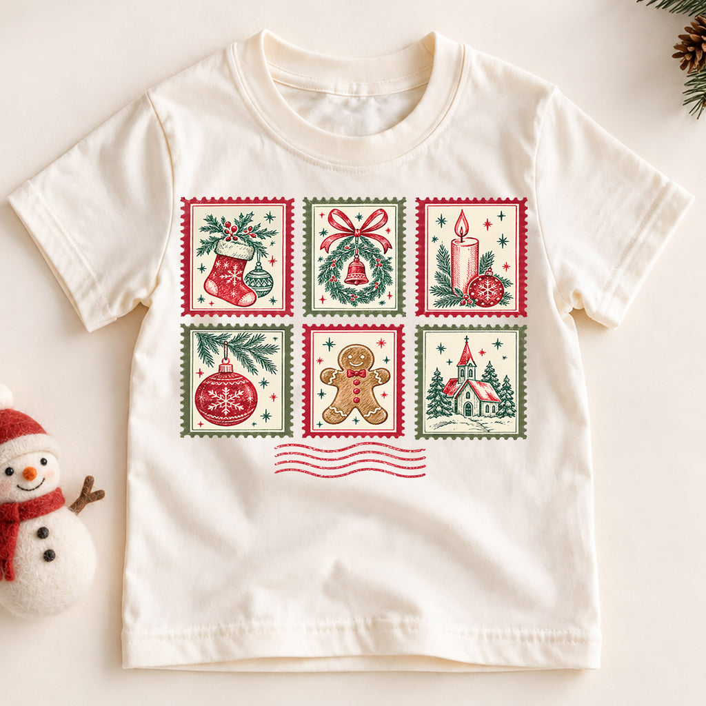 Vintage Christmas Postage Stamp Kids T-Shirt, Stocking Wreath Gingerbread Holiday Tee — product view 2