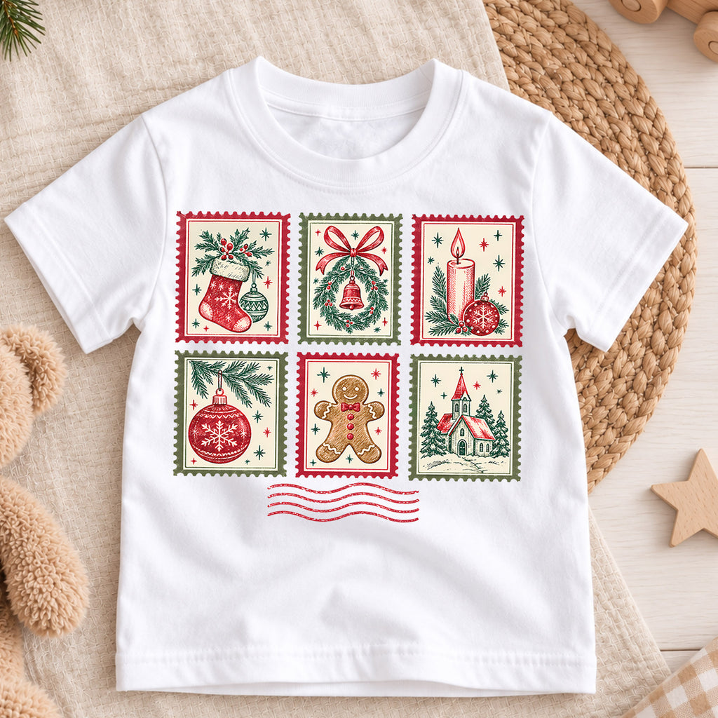 Vintage Christmas Postage Stamp Kids T-Shirt, Stocking Wreath Gingerbread Holiday Tee — product view 3